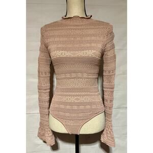 OLIVACEOUS sz S blush nude stretch bell sleeve bodysuit tie collar